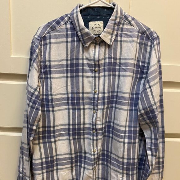 NWT Jach's Girlfriend New York Long Sleeve Button Up Purple White Plaid Shirt, L - Picture 1 of 4